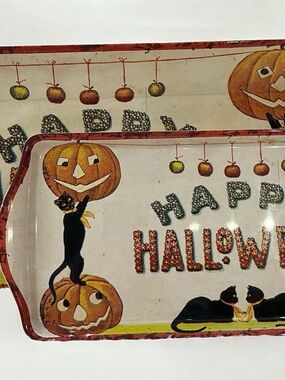 Melamine Halloween Serving Tray – Black Cat & Pumpkin “Happy Halloween” set of 2